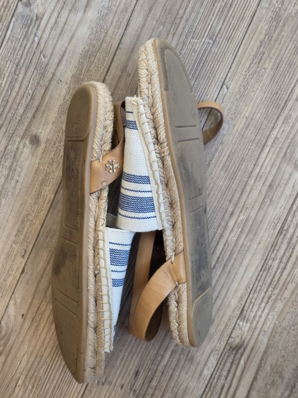 Tory Burch Blue-Striped Canvas Espadrille Sandals with Tan Leather Straps - Picture 6 of 6